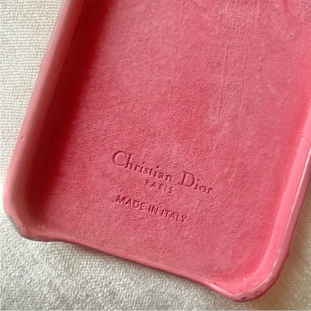DIOR Lady Dior Lambskin Quilted Leather iPhone 14 Phone Case w/ Logo Charm Pink